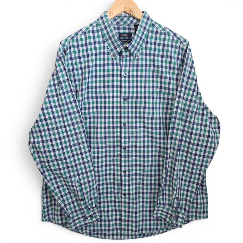 Van Heusen Dress Shirt Mens XXL 2XL 18-18.5 Green Blue Plaid Button Down Classic